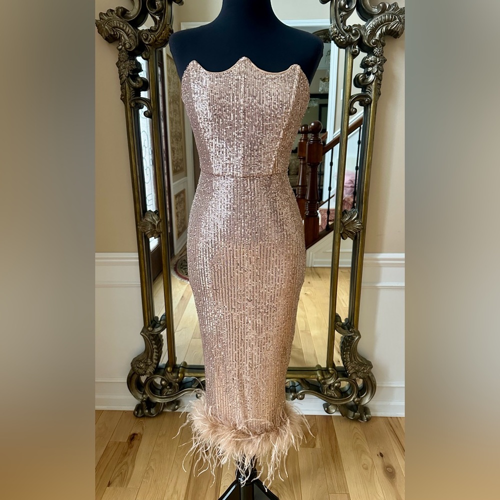 Club L London Champagne Sequin Corset Midi Dress with Feather Trim New no Tags